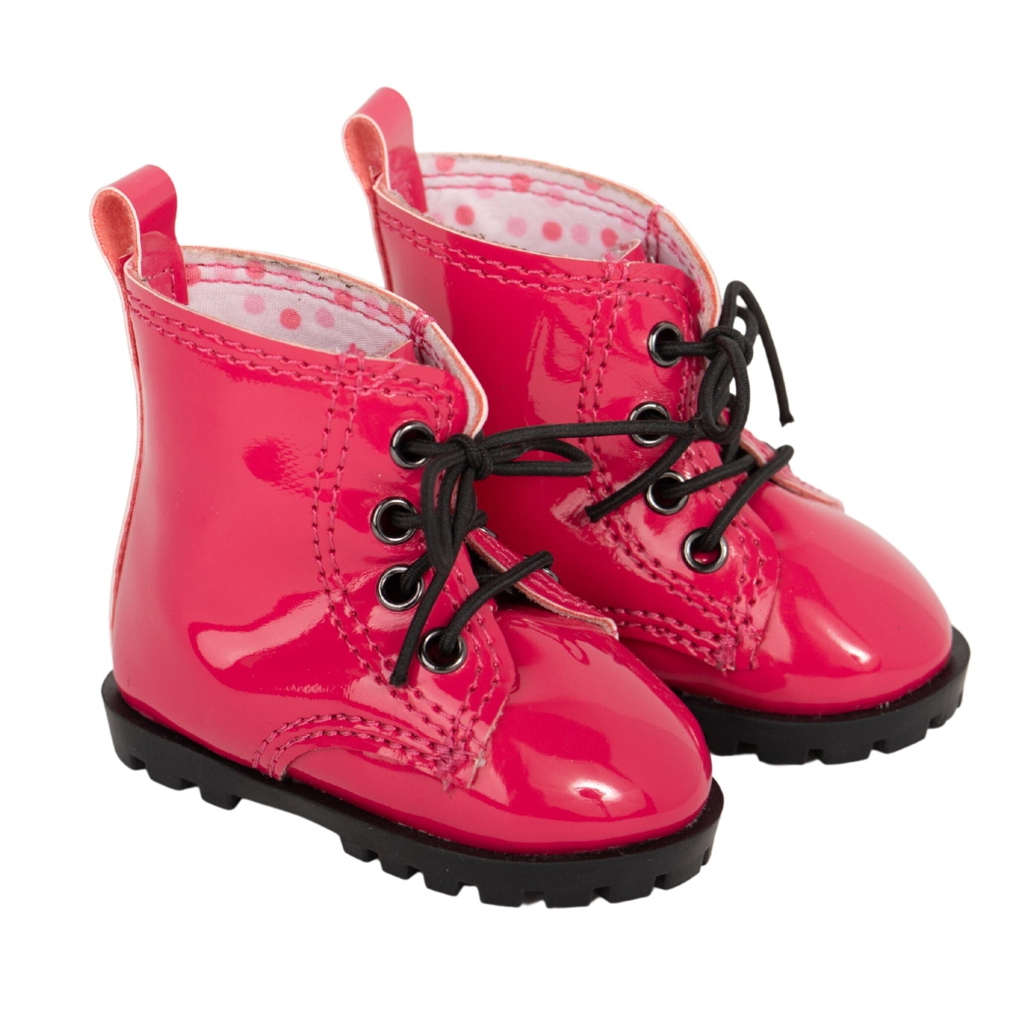 Stylish bright pink lace-up boots with polka dot lining for 18-inch dolls shows top Canadian quality