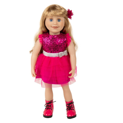 Fashionable sparkly bright pink dress with trendy lace-up boots that fit all 18" dolls like Maplelea