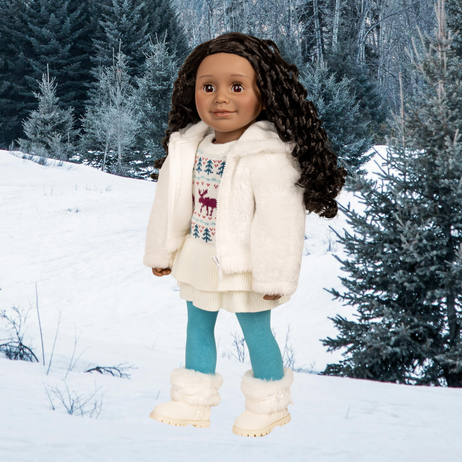 18-inch doll in winter clothing and jacket standing in a snowy forest.