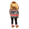 18-inch doll wearing a grizzly bear patterned sweater with maple leafs.