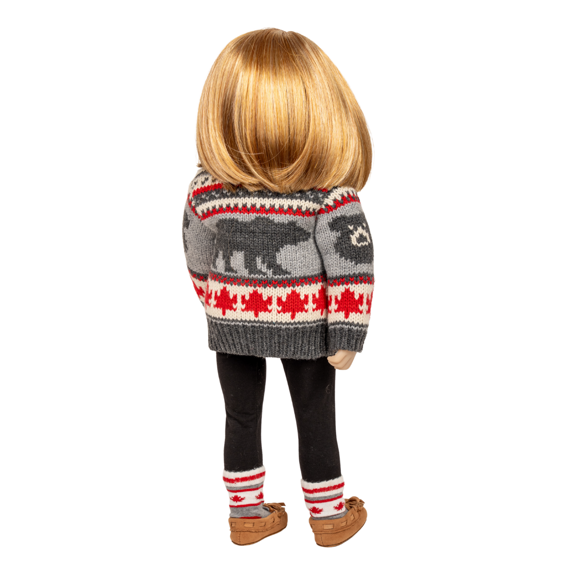 18-inch doll wearing a grizzly bear patterned sweater with maple leafs.