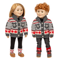 Two 18-inch dolls wearing matching outfits with a gray sweater featuring red and white patterns and a grizzly bear design.