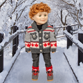 18-inch doll wearing a bear patterned cardigan in a snowy outdoor setting.