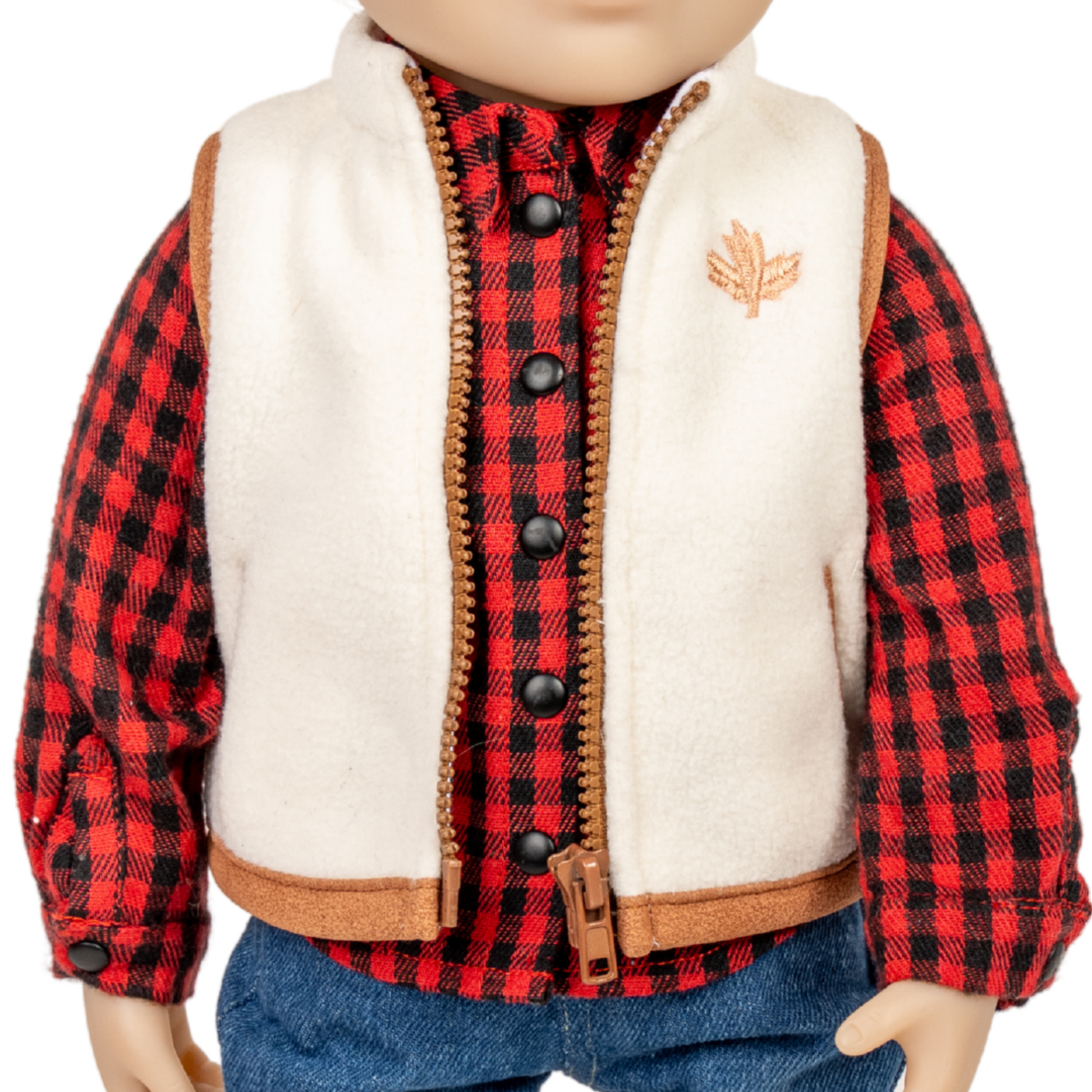 Red and black plaid shirt with white vest with embroidered mapleleaf on an 18-inch doll.