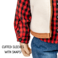 Red and black plaid button up with cuffed sleeves and snaps on an 18-inch doll.
