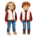 Two 18-inch dolls wearing matching outfits with vests, shirts, jeans, and boots.