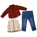 Red and black checkered shirt, white sherpa vest with brown trim, and blue jeans.