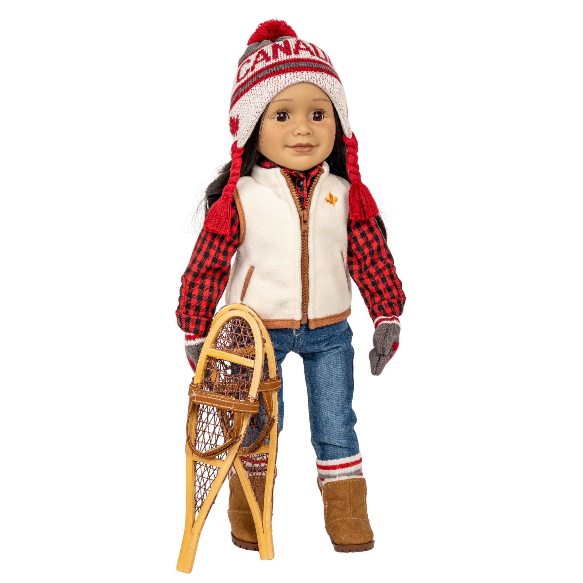 18-inch doll wearing a Canadian-themed outfit with a hat, vest, and snowshoes.