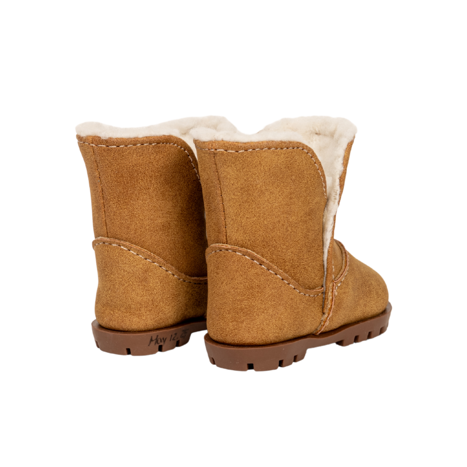 Pair of brown 18-inch doll boots with white fur lining.