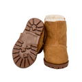 Pair of brown 18-inch doll boots with white fur lining.