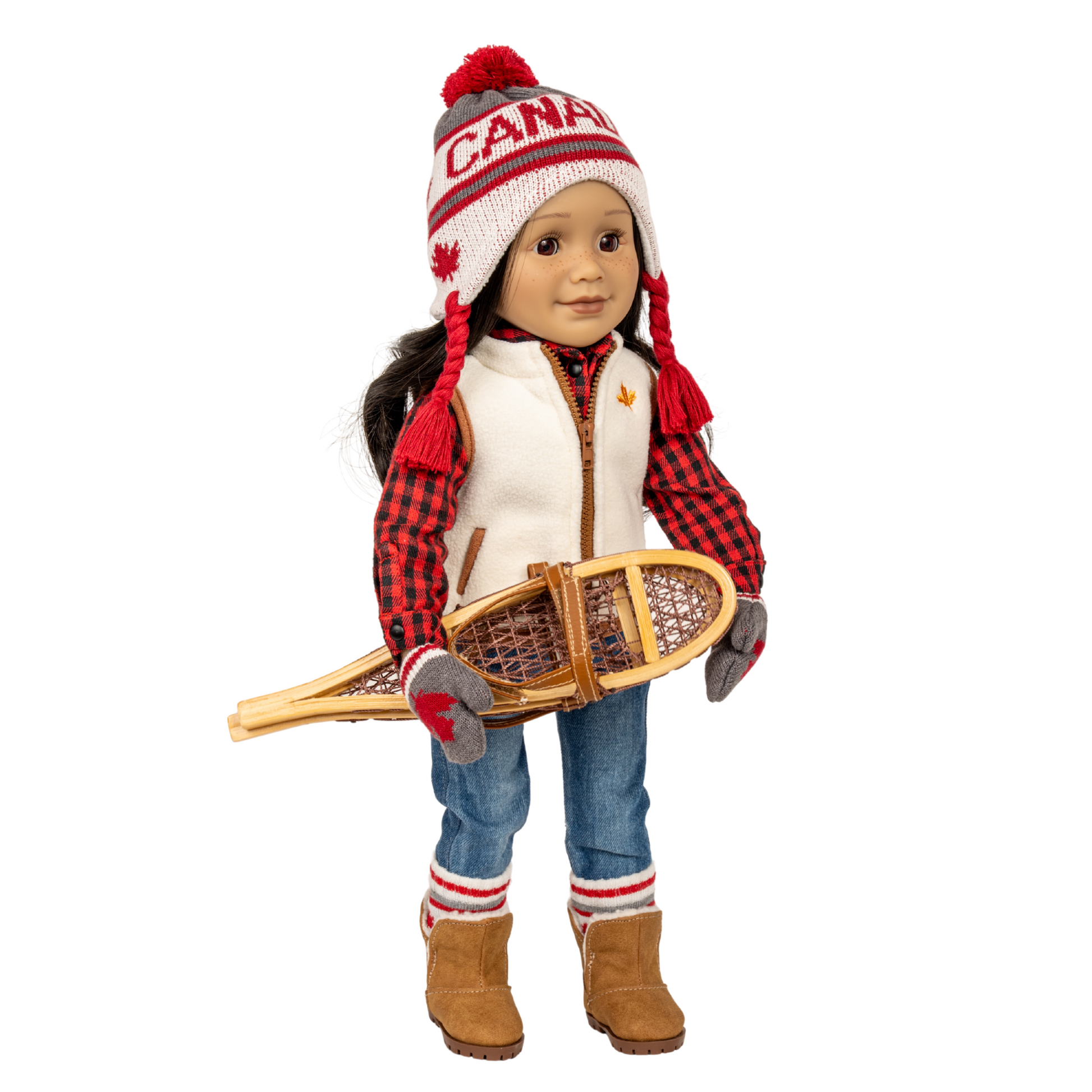 18-inch doll wearing a Canadian-themed outfit with a hat, jacket, and a pair of brown boots with white fur lining..