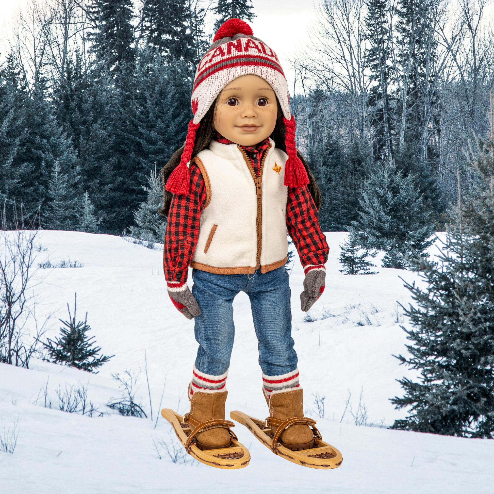 Pair of brown 18-inch doll boots with white fur lining on doll dressed for winter on snowy background in Canada.
