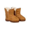 Pair of brown 18-inch doll boots with white fur lining.