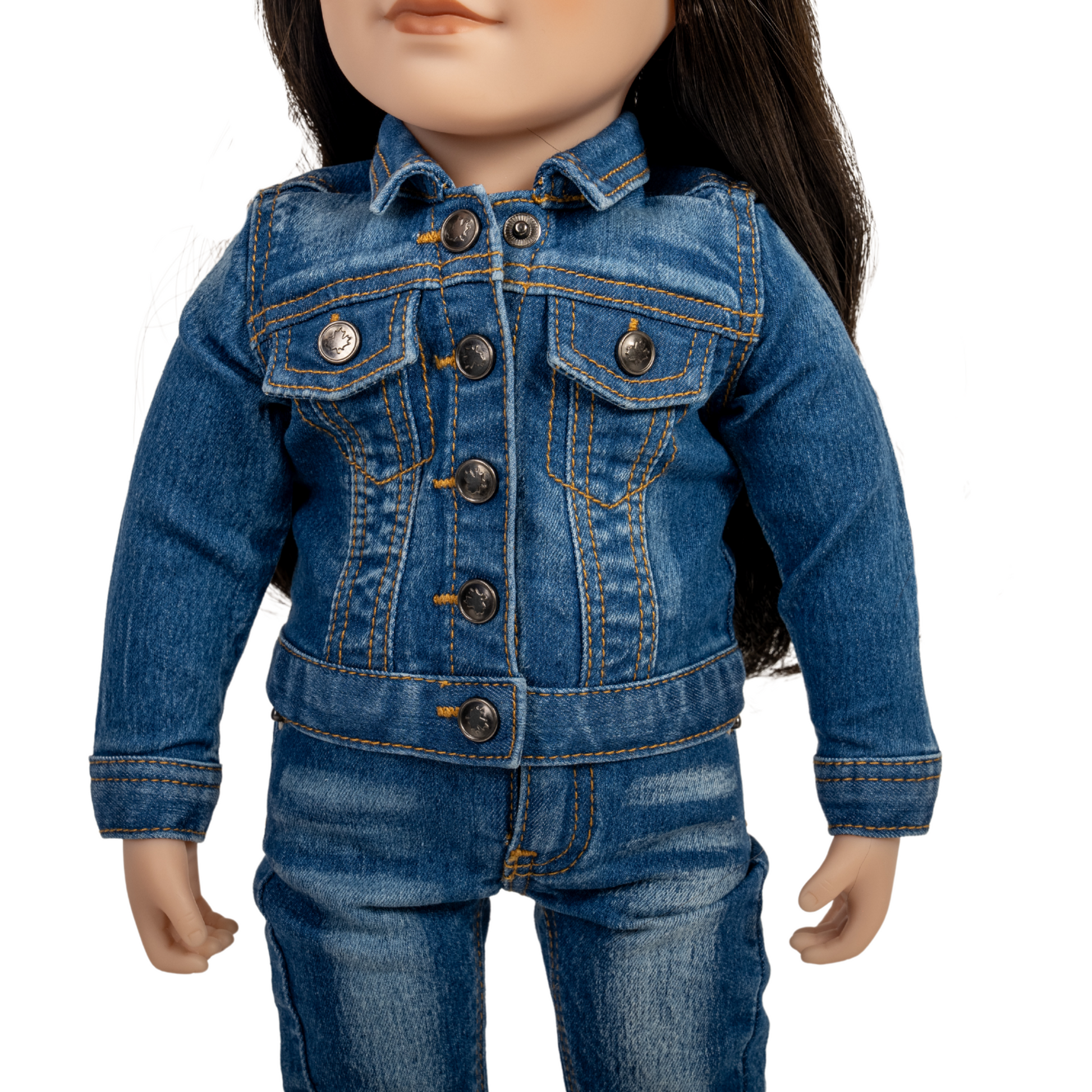 18-inch doll wearing a blue denim jacket and pants.