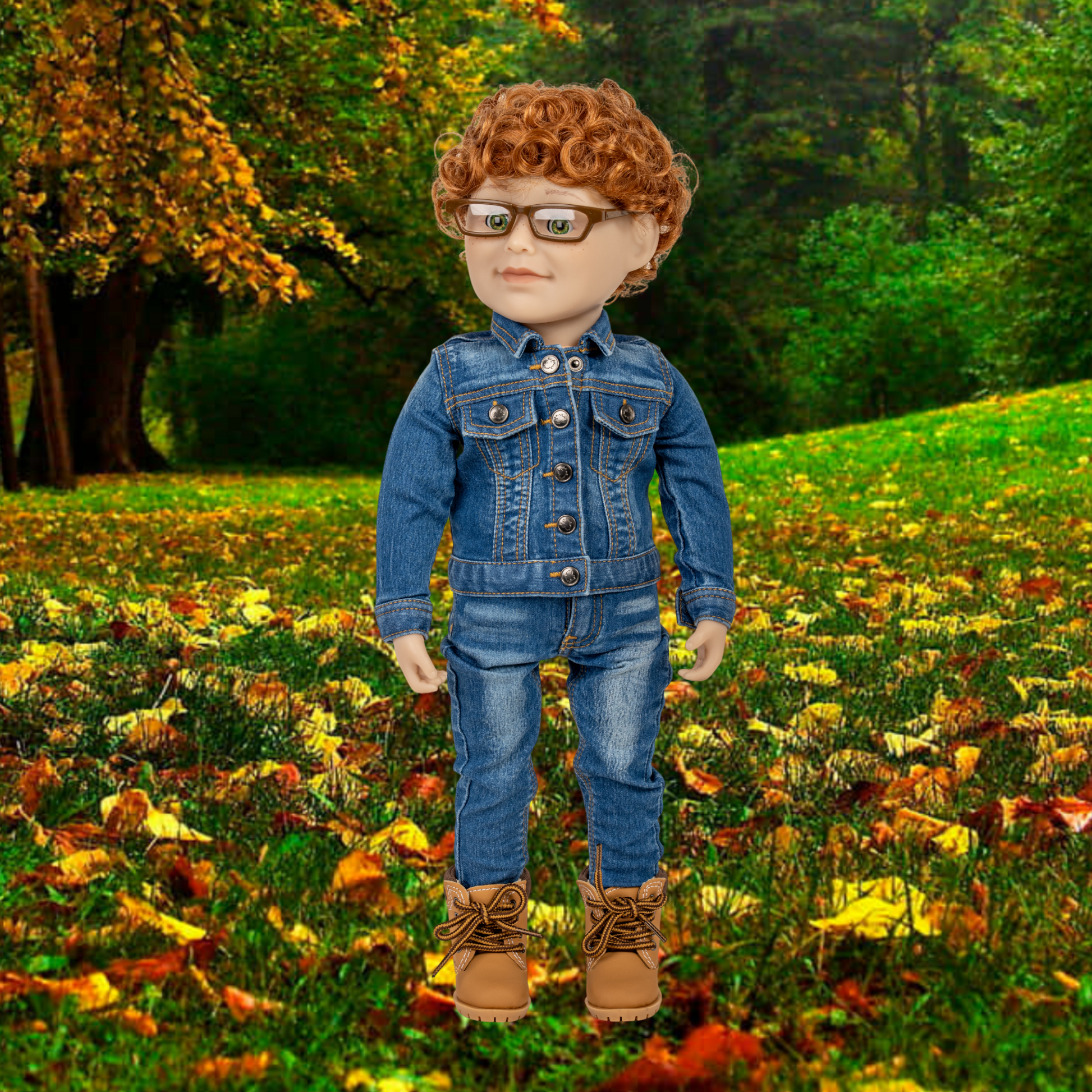 18-inch doll in a denim outfit standing in an outdoor setting with trees and grass.