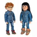 Two 18-dolls wearing matching denim Canadian tuxedo outfits.