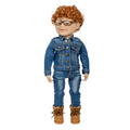 18-inch doll wearing a denim outfit with a jacket, jeans, and boots.