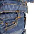 Close-up of blue denim jeans with stitching and buttons for 18-inch dolls.