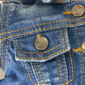 Close-up of a blue denim jacket with button details for 18-inch dolls
