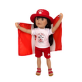 Maplelea doll wearing a red and white outfit with a Canadian flag design on a white background.