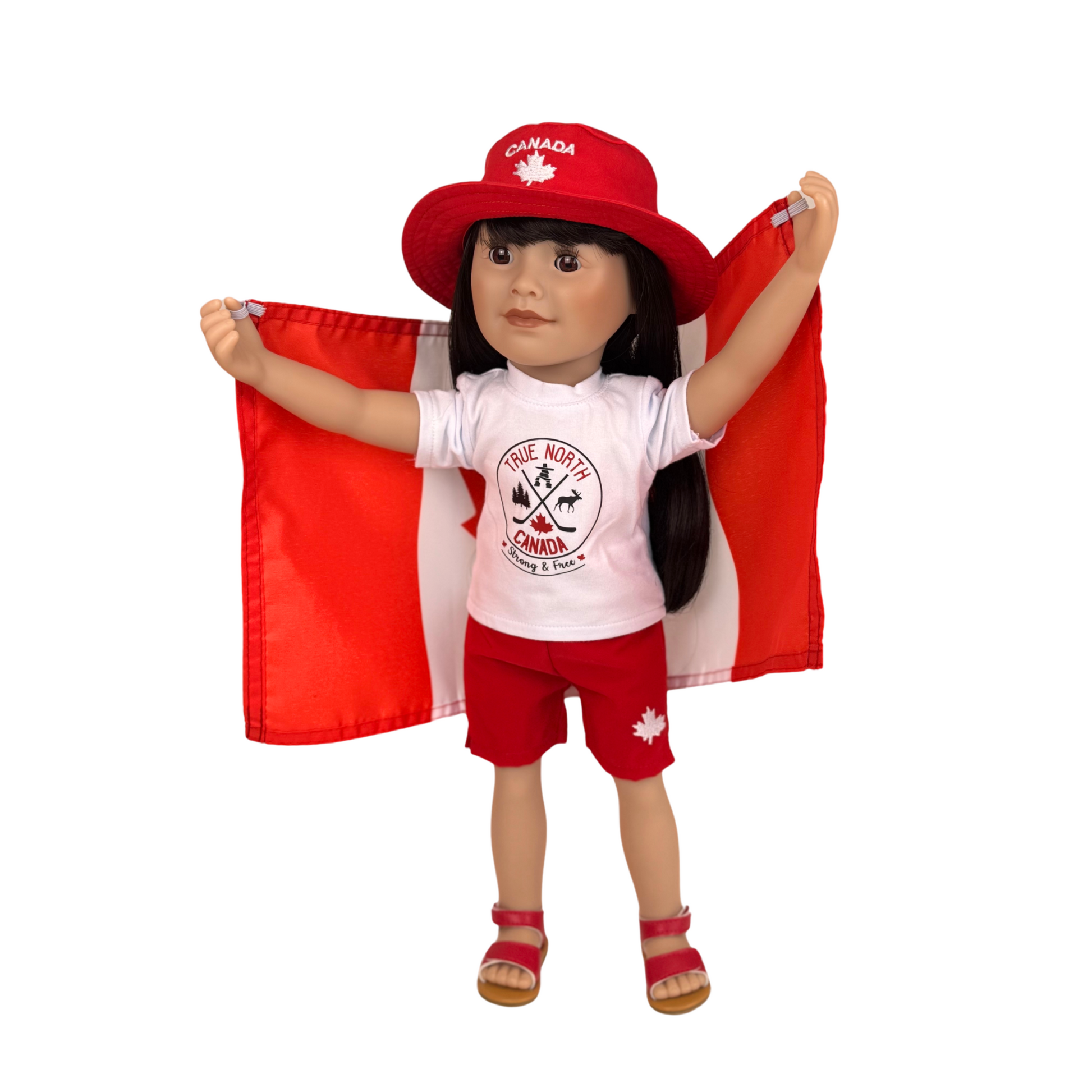 Maplelea doll wearing a red and white outfit with a Canadian flag design on a white background.