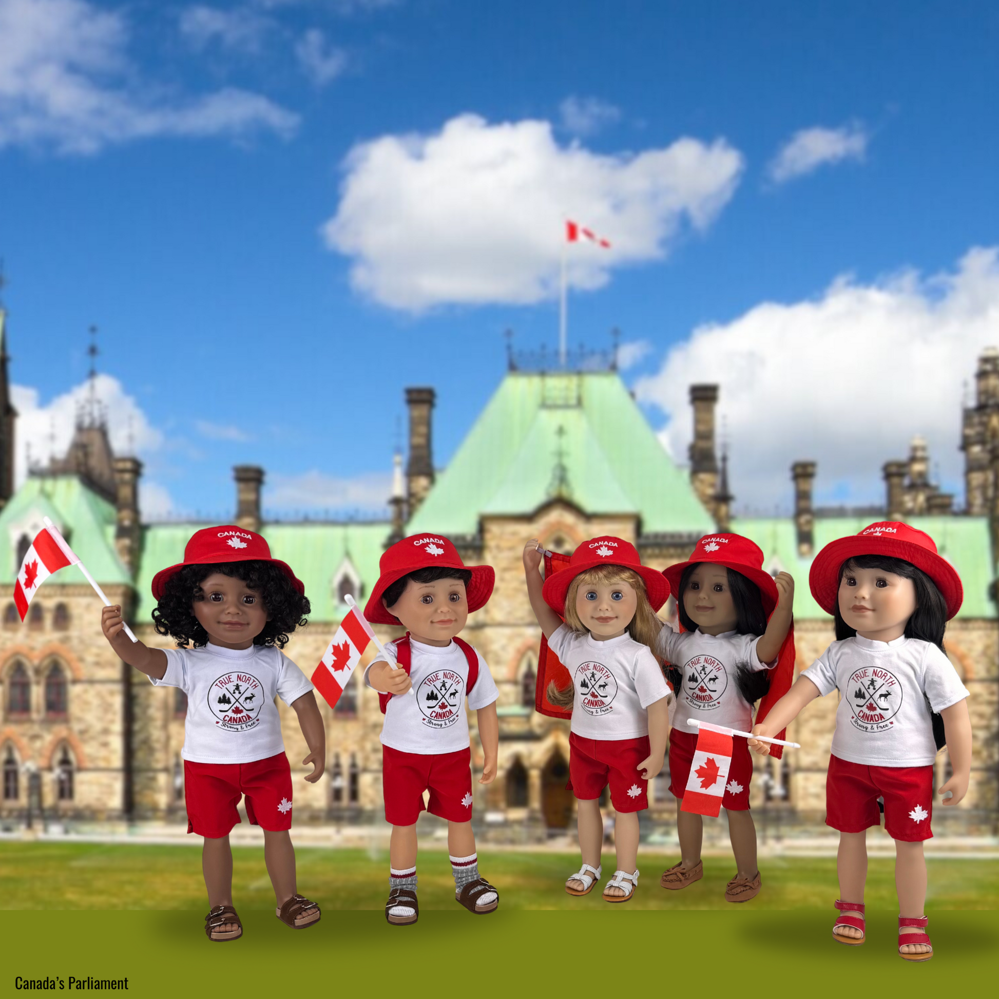 Five maplelea dolls in red and white outfits with Canadian flags in front of Canada's Parliament.