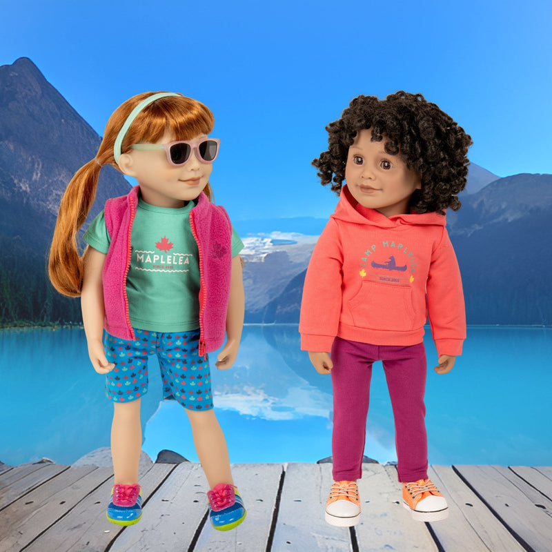 Maplelea 18" dolls wearing colourful summer camp attire with many pieces and wearing runners