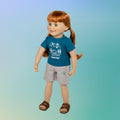 18-inch Jenna girl Maplelea doll wearing a graphic t-shirt shorts and brown buckle sandals