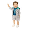 18" boy doll in t-shirt and shorts and white runners with hoodie that matches teal t-shirt
