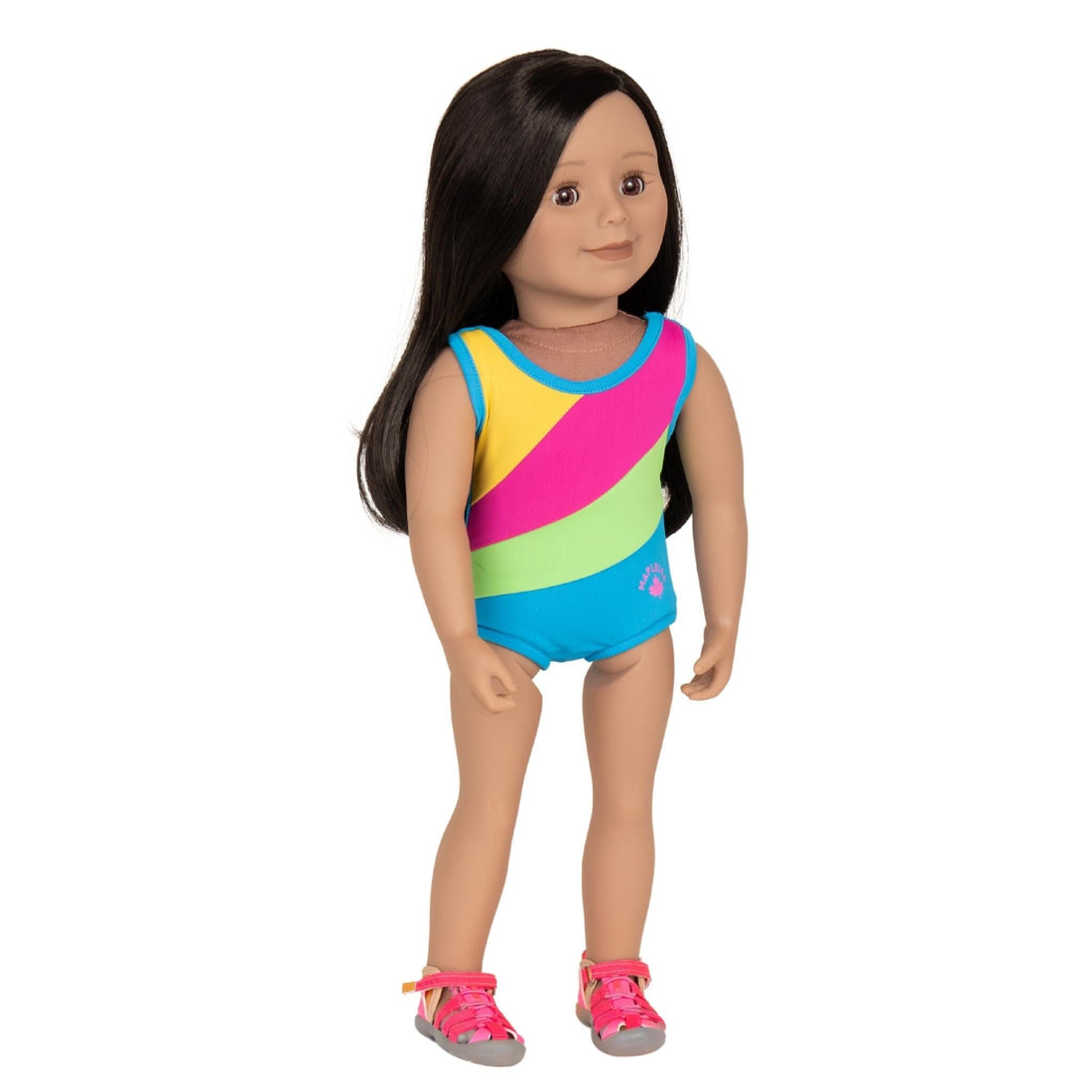 Cute dark hair dark complexion Maplelea doll wearing multicolour one piece swimsuit and watershoes.