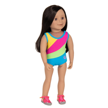 Cute dark hair dark complexion Maplelea doll wearing multicolour one piece swimsuit and watershoes.