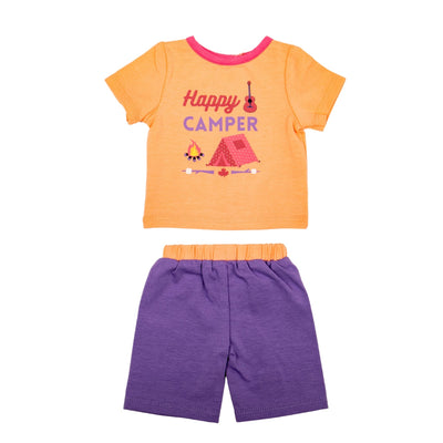 Cute Maplelea summer happy camper short pajamas with peach graphic top and purple shorts