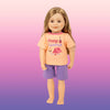 Maplelea doll wearing cute summer pajamas with happy camper t-shirt and short bottoms
