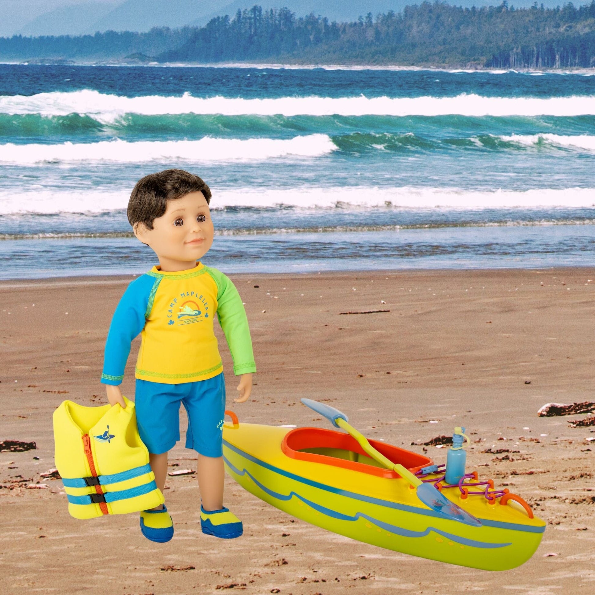18-inch doll wearing two piece west coast waterwear set and life jacket beside kayak with paddle.