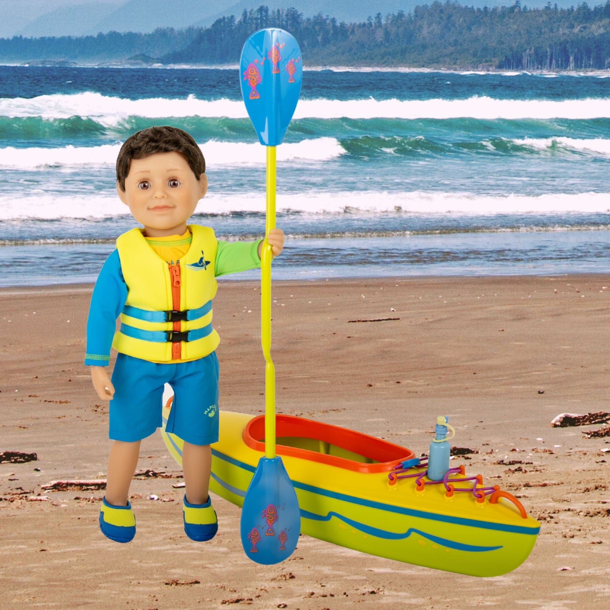18-inch doll wearing two piece west coast waterwear set and life jacket beside kayak with paddle.