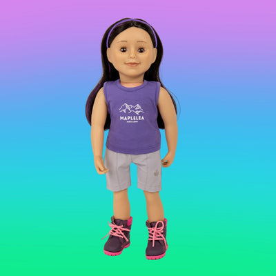 Maplelea purple outfit for 18-inch dolls on doll wearing t-shirt shorts headband with hiking boots