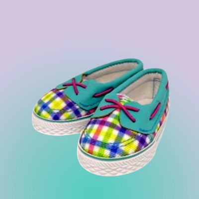 Maplelea aqua plaid and pink boat shoes comfortable and cute for all 18-inch dolls