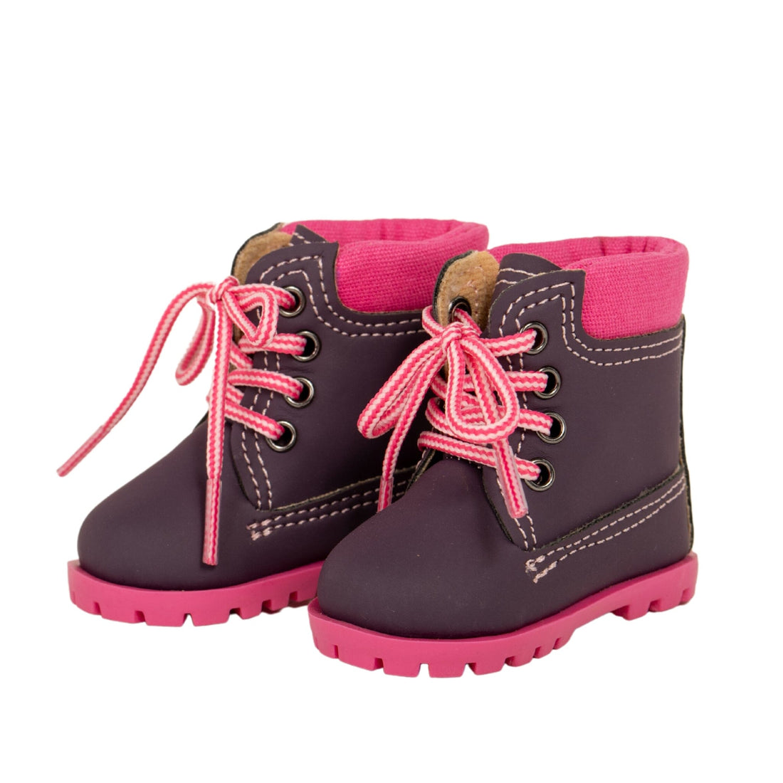 Maplelea purple hiking boots fit all 18" dolls with cute pink details and trademark Maplelea sole