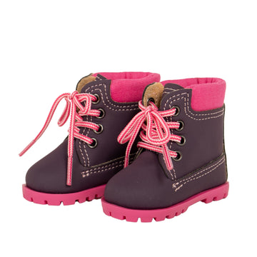 Maplelea purple hiking boots fit all 18" dolls with cute pink details and trademark Maplelea sole