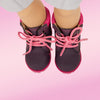 Purple Maplelea hiking boots for 18" dolls has pink soles laces and ankle padding