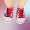 Cute and fun bright pink and turquoise butterfly themes no lace slip on runners on 18" doll feet