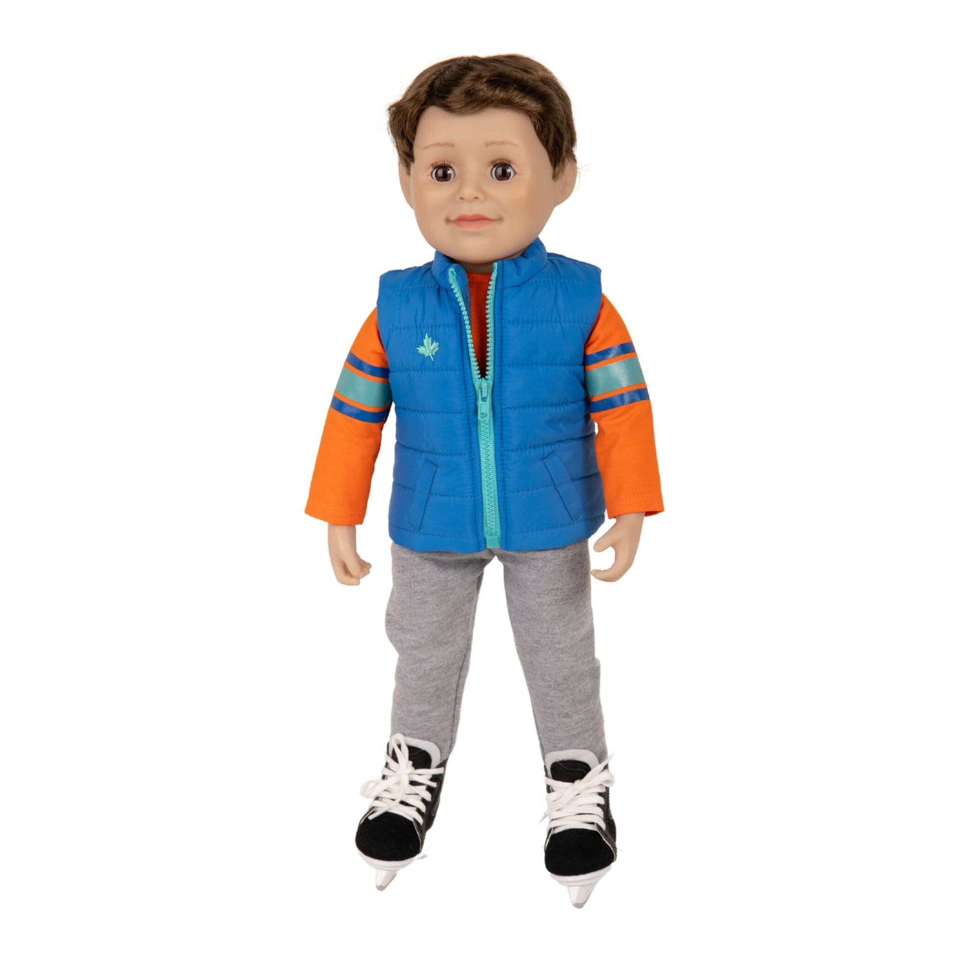 Maplelea boy doll wearing hockey skates and outfit for 18" dolls