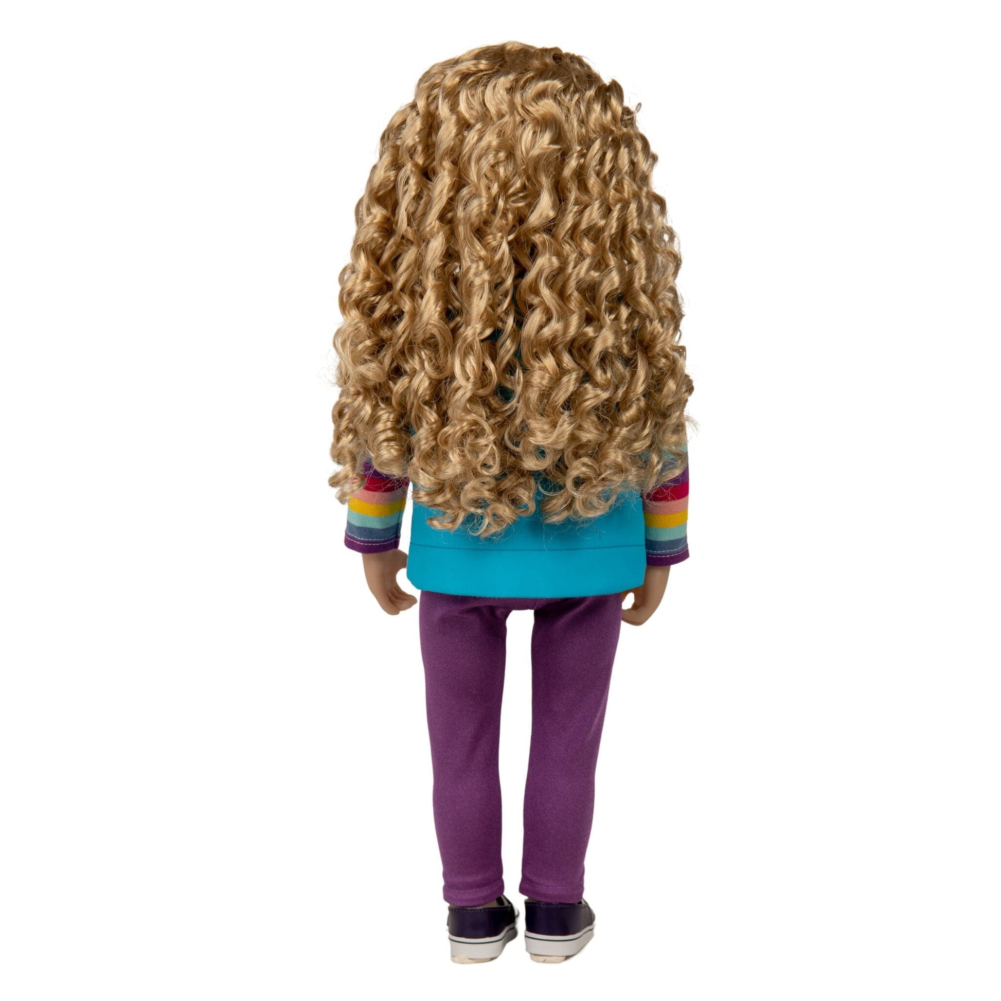 18-inch doll with long curly blonde hair, blue eyes, and light skin.