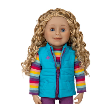 18-inch doll with long curly blonde hair, blue eyes, and light skin.