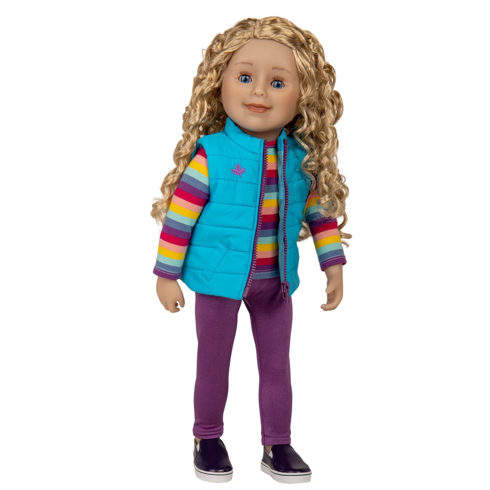 18-inch doll with long curly blonde hair, blue eyes, and light skin.