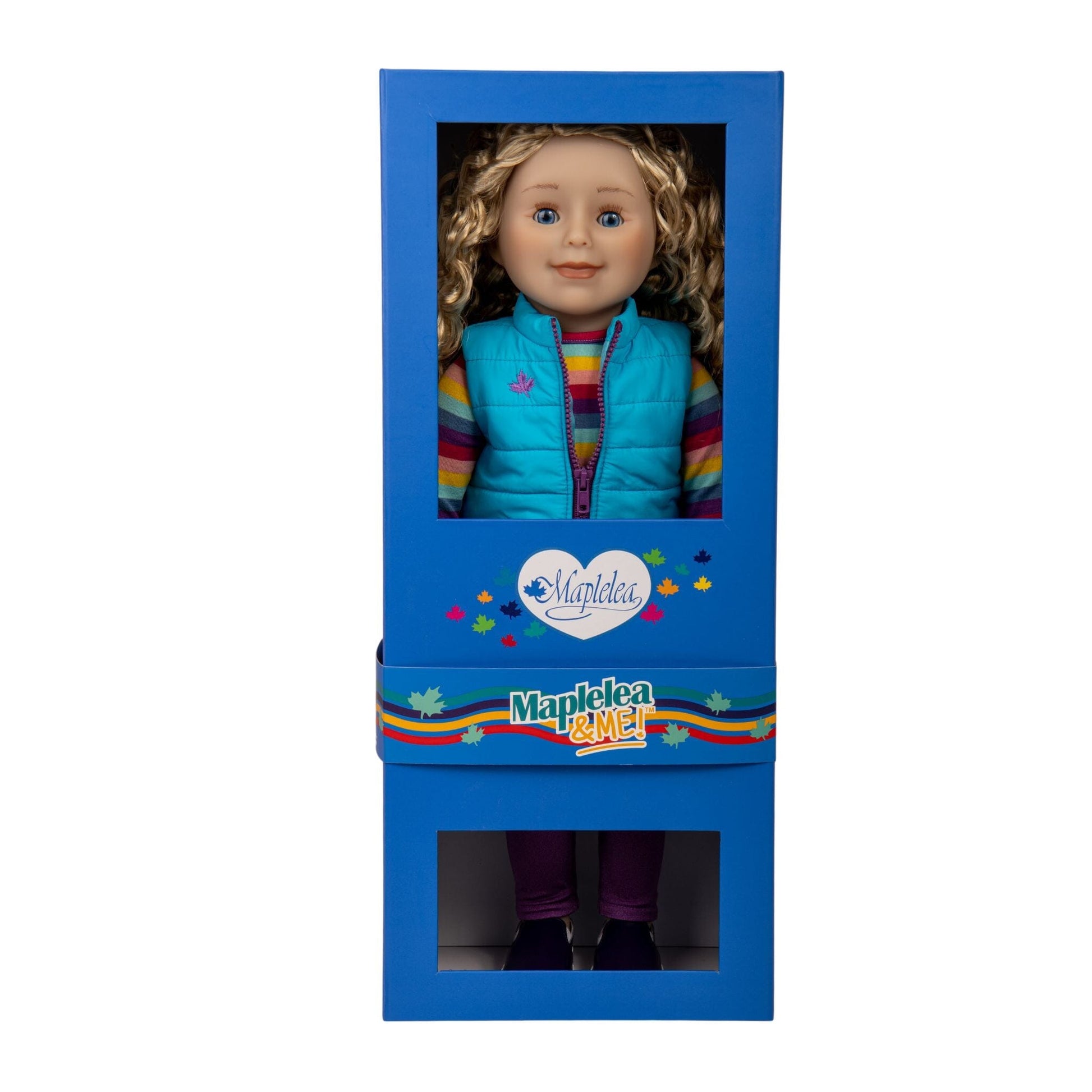 18-inch doll with long curly blonde hair, blue eyes, and light skin in keepsake box