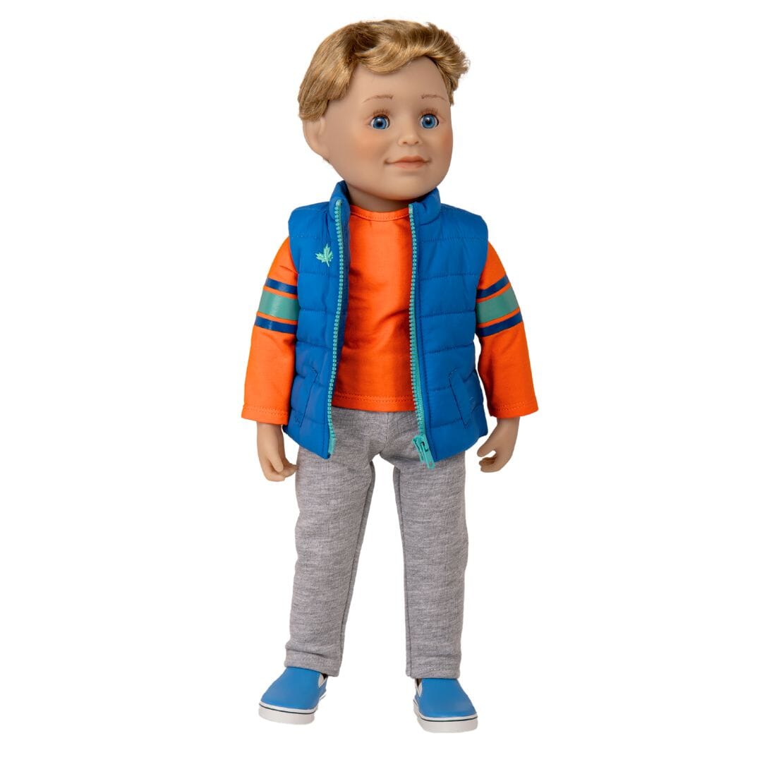 boy doll has short honey blonde hair, blue eyes, and comes in tee, track pants,  vest and shoes.