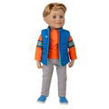 boy doll has short honey blonde hair, blue eyes, and comes in tee, track pants,  vest and shoes.