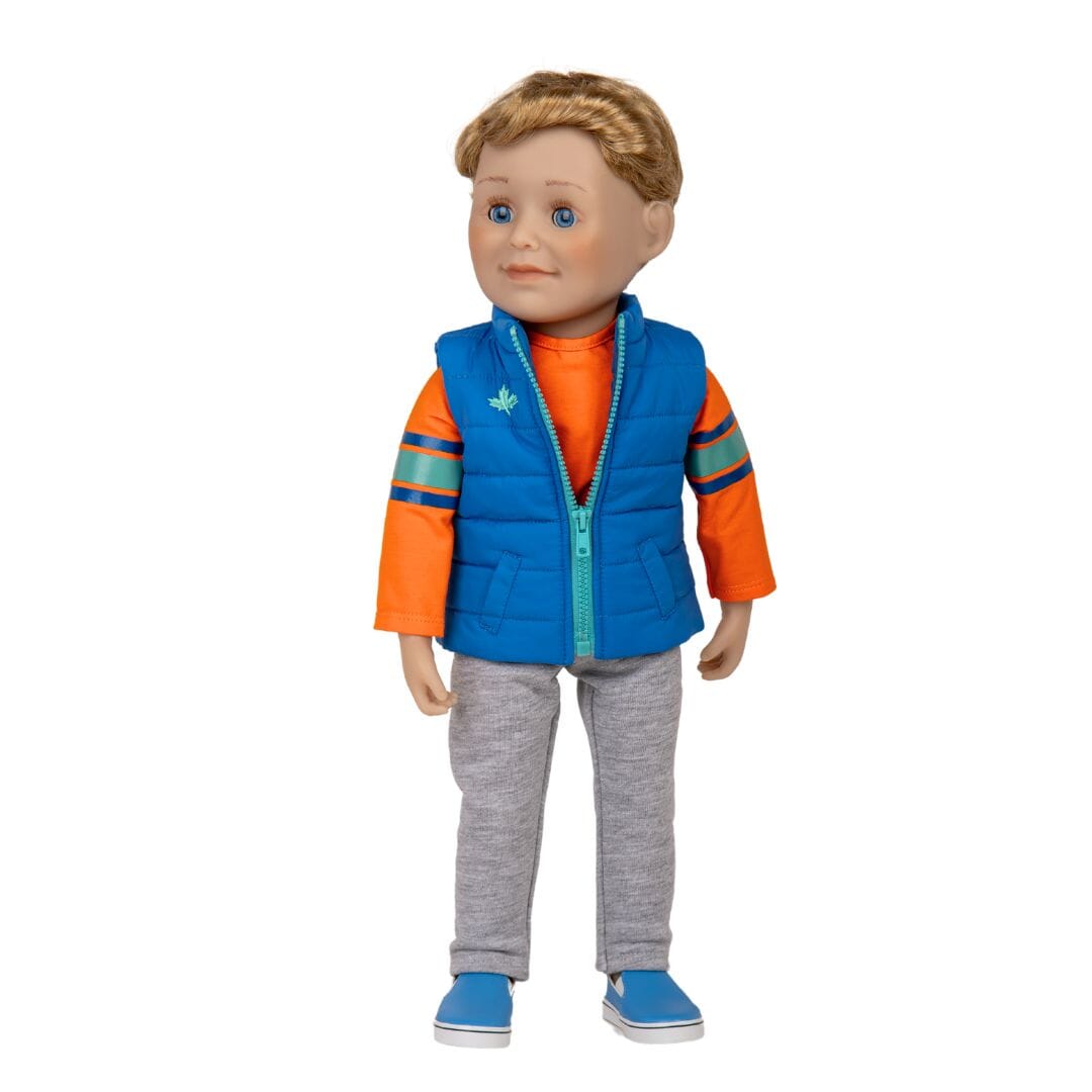 boy doll has short blonde hair, blue eyes, and comes in tee, track pants, vest and blue shoes.
