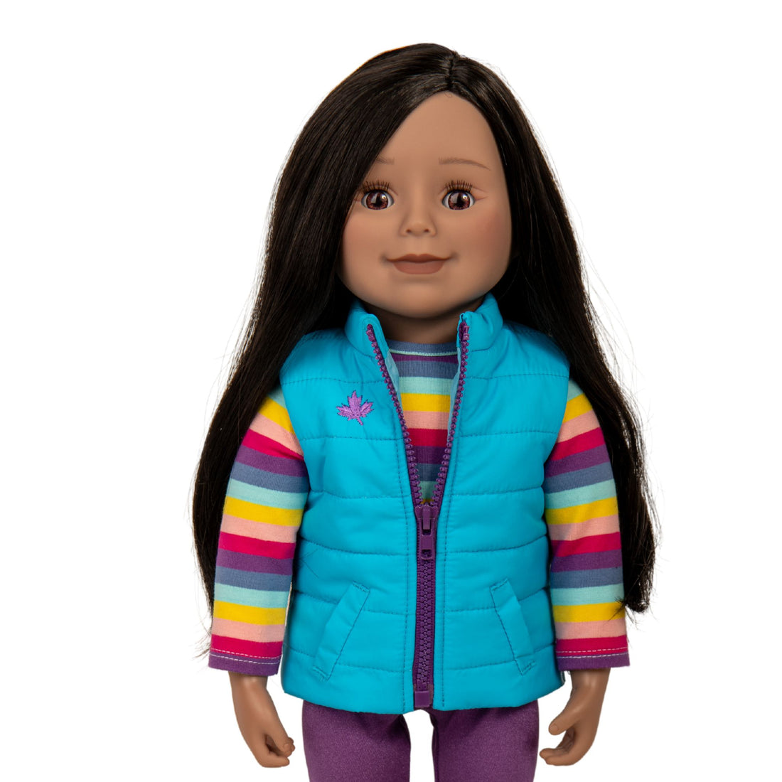 Maplelea&ME! doll with black brown hair, brown eyes, and medium dark skin